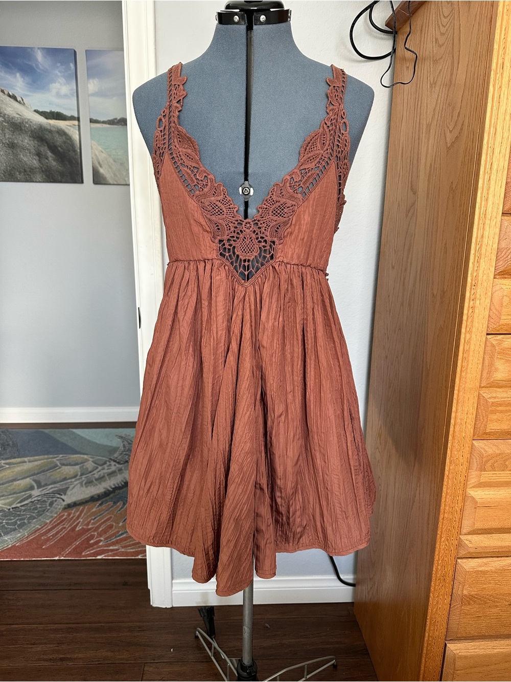 Free People Terra Cotta Crochet-Trim Mini Dress